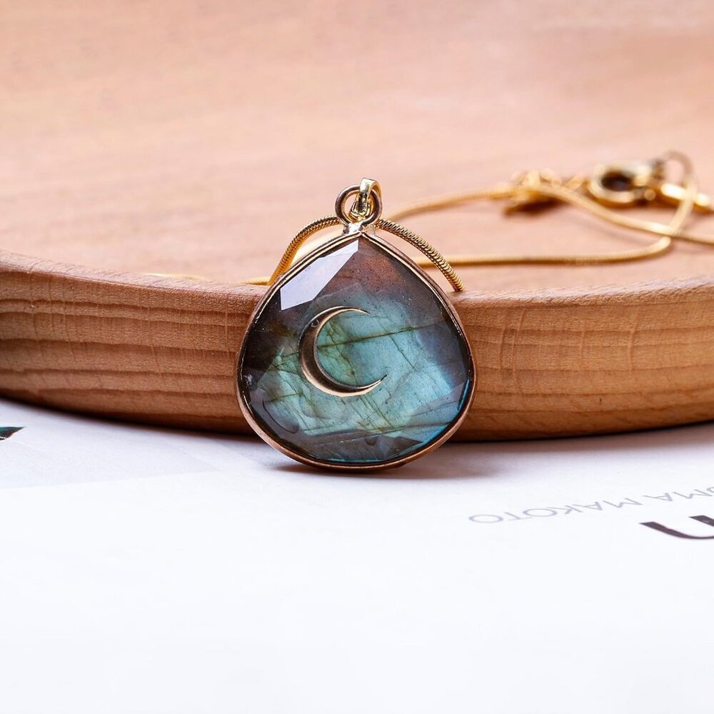 Gold Labradorite Crescent Moon Water Drop Pendant Necklace, Spiritual Jewelry - Picture 3 of 7